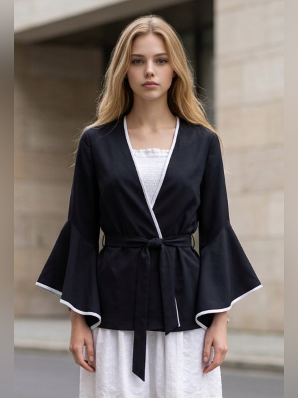 Zara Black Wrap Top with White Trim and Bell Sleeves